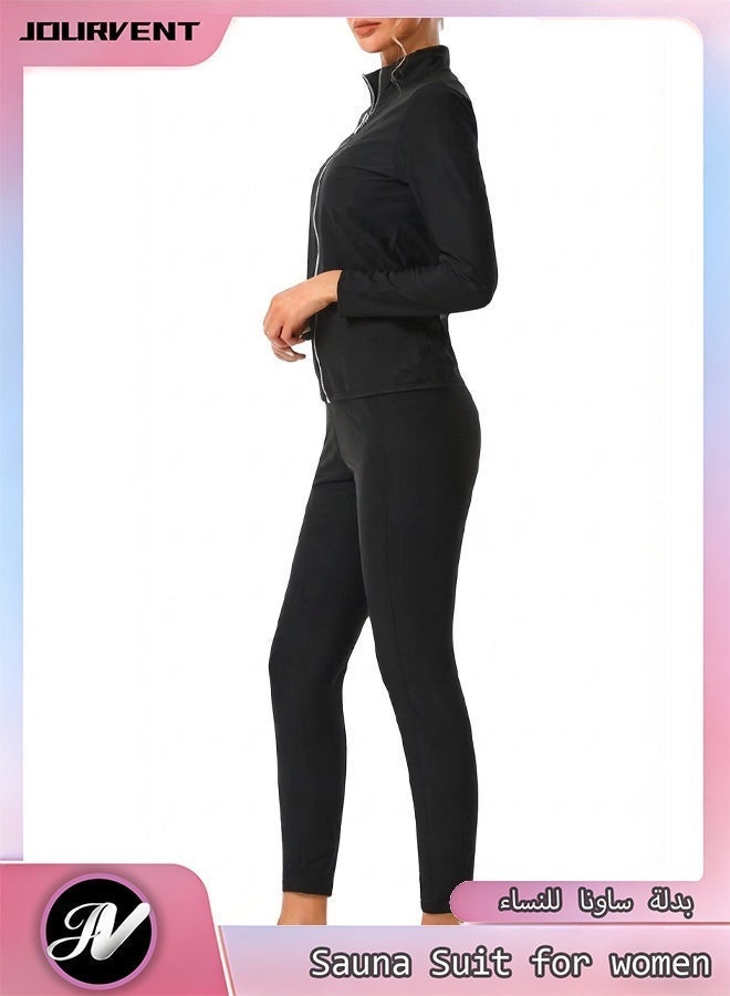 Jourvent Women's Sauna Suit Sweat Set for Weight Loss, Zipper Long Sleeve Top & High-Waist Shaping Pants with Gloves ,Socks & Hat - Image 4